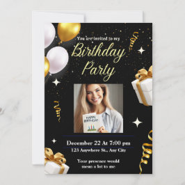 Elegante Black Gold verjaardagsfeest uitnodiging K