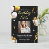 Elegante Black Gold verjaardagsfeest uitnodiging K (Staand voorkant)