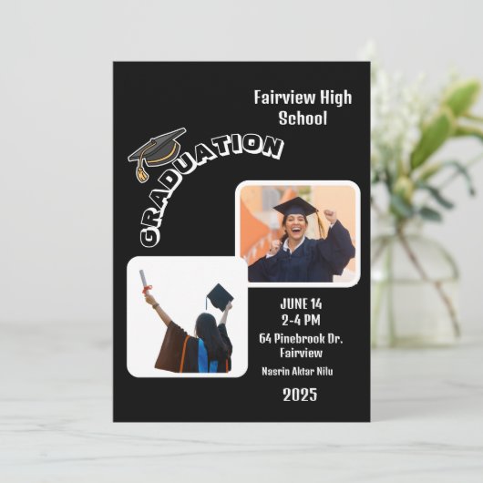 Elegante Black Graduation Party Uitnodiging met vr (Staand voorkant)