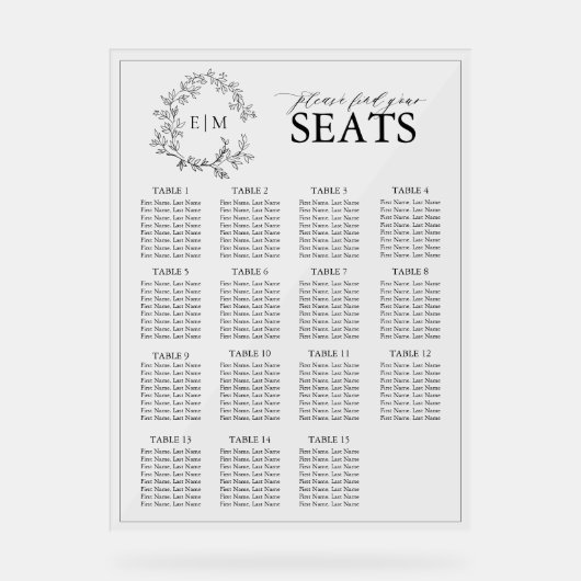 Elegante Black Leafy Crest Monogram Trouwstoelen Acryl Bord (Voorkant)