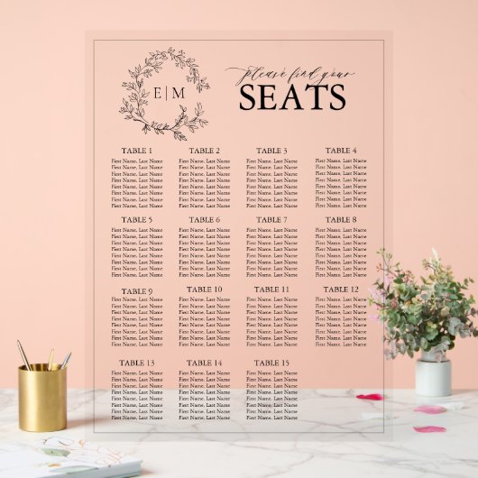 Elegante Black Leafy Crest Monogram Trouwstoelen Acryl Bord (Huwelijk)