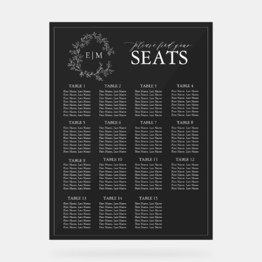 Elegante Black Leafy Crest Monogram Trouwstoelen Acryl Bord (Voorkant)