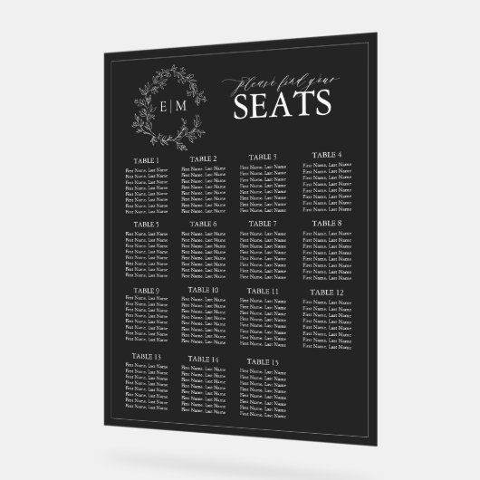 Elegante Black Leafy Crest Monogram Trouwstoelen Acryl Bord (Hoek)