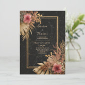 Elegante Black Marble & Gold Floral VIP-bruiloft Kaart (Staand voorkant)
