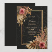 Elegante Black Marble & Gold Floral VIP-bruiloft Kaart (Voorkant / Achterkant)