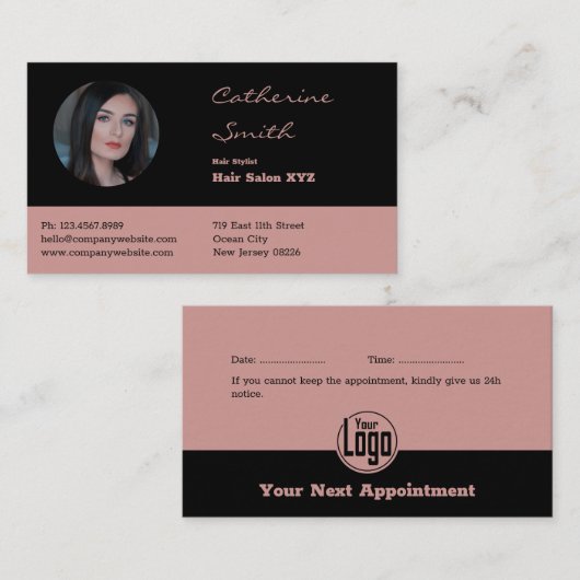 Elegante Black & Pink Hair Salon Stylist Afsprakenkaartje (Voorkant / Achterkant)