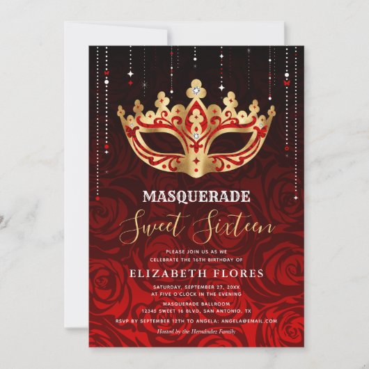 Elegante Black Red Rose Gold Masquerade Sweet 16 Kaart (Voorkant)