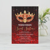 Elegante Black Red Rose Gold Masquerade Sweet 16 Kaart (Staand voorkant)