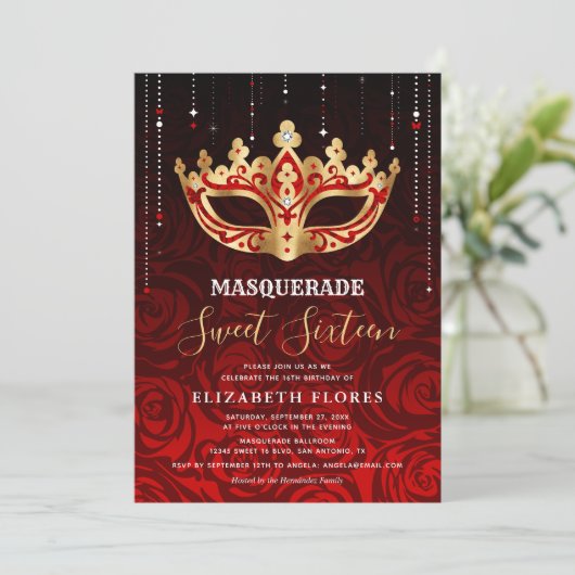 Elegante Black Red Rose Gold Masquerade Sweet 16 Kaart (Staand voorkant)