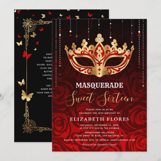 Elegante Black Red Rose Gold Masquerade Sweet 16 Kaart (Voorkant / Achterkant)