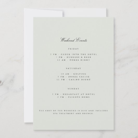 Elegante Black & Sage Bachelor Weekend Uitnodiging (Achterkant)