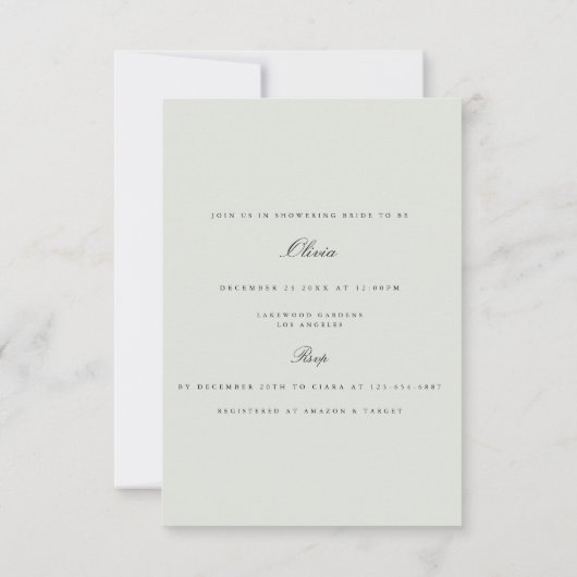 Elegante Black & Sage bruids douche uitnodiging (Achterkant)