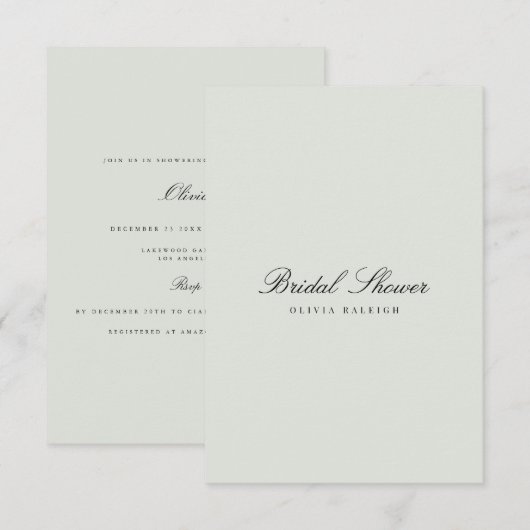 Elegante Black & Sage bruids douche uitnodiging (Voorkant / Achterkant)