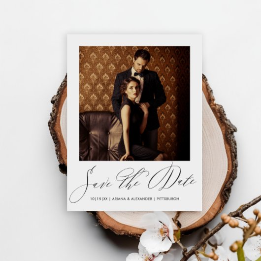 Elegante Black Script Photo Wedding Sla de datum o Briefkaart