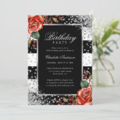 Elegante Black Silver Confetti Red Rose Verjaardag Kaart (Staand voorkant)