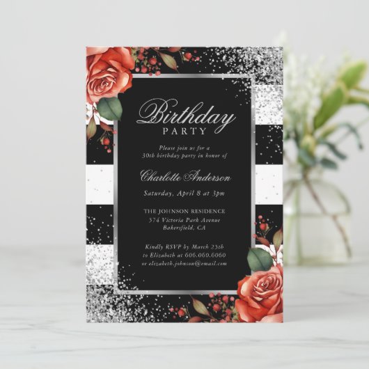 Elegante Black Silver Confetti Red Rose Verjaardag Kaart (Staand voorkant)