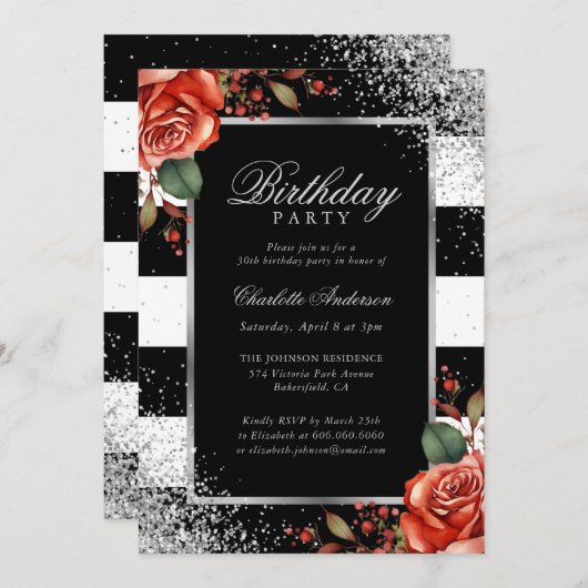Elegante Black Silver Confetti Red Rose Verjaardag Kaart (Voorkant / Achterkant)