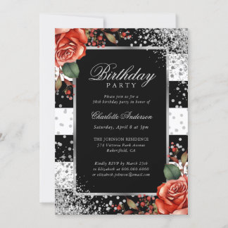 Elegante Black Silver Confetti Red Rose Verjaardag Kaart