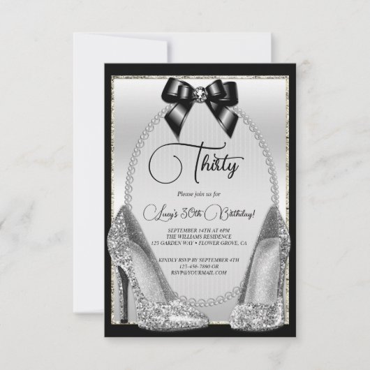 Elegante Black, Silver Gem Bow & Stilettos Verjaar Kaart (Voorkant)