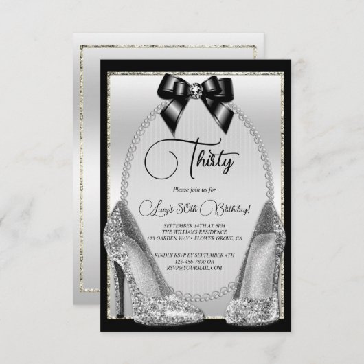 Elegante Black, Silver Gem Bow & Stilettos Verjaar Kaart (Voorkant / Achterkant)