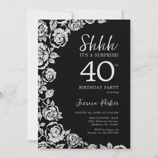 Elegante Black Silver Rozen Verrassing 40e verjaar Kaart (Voorkant)