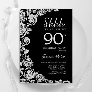 Elegante Black Silver Rozen Verrassing 90e verjaar Kaart
