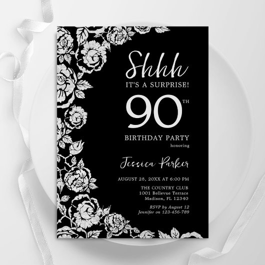 Elegante Black Silver Rozen Verrassing 90e verjaar Kaart