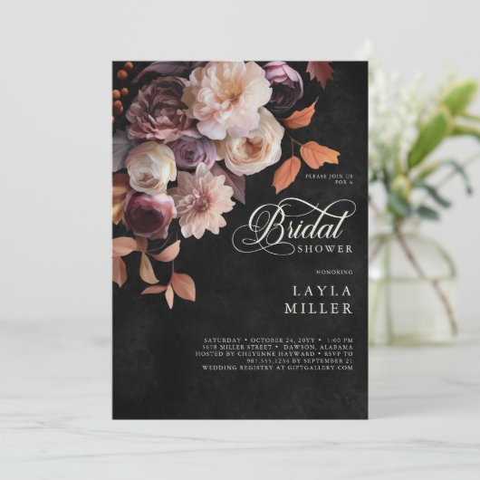 Elegante Black Soft Herfst Bloemen Script Douche Kaart (Staand voorkant)