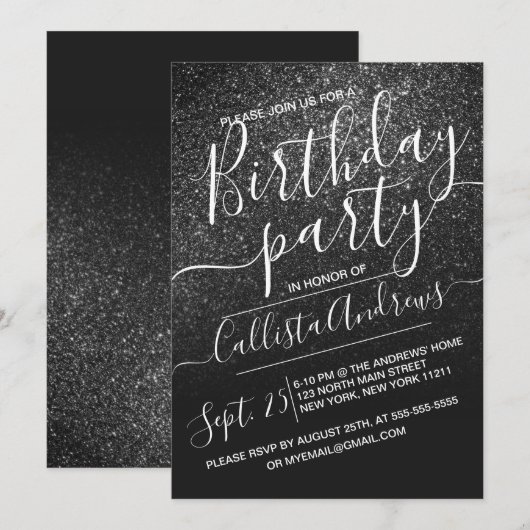Elegante Black Sparkly Glitter Ombre Verjaardag Kaart (Voorkant / Achterkant)