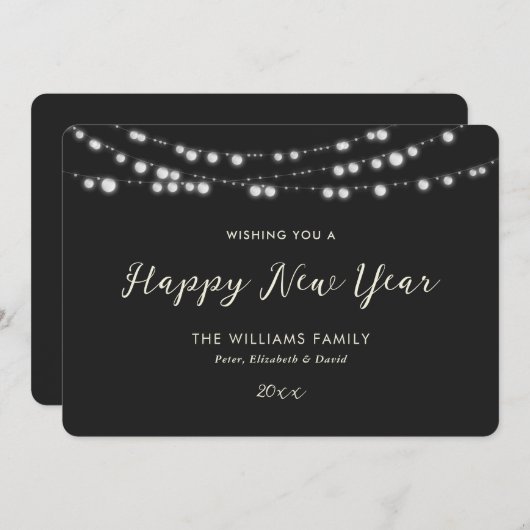 Elegante Black String Lights Happy New Year Kaart (Voorkant / Achterkant)