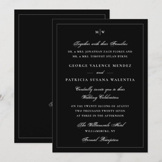 Elegante "Black Tie" Monogram QR Code Trouwdag Kaart (Voorkant / Achterkant)