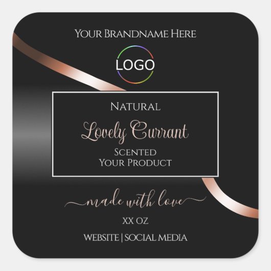 Elegante Black Wavy Roos Gold Logo Product Labels (Voorkant)