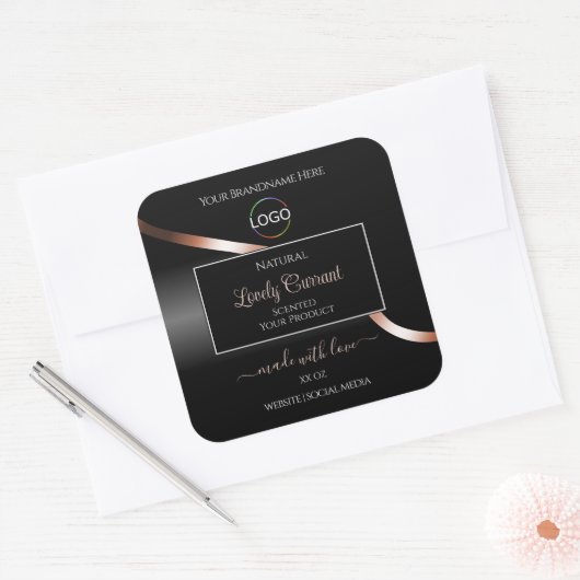 Elegante Black Wavy Roos Gold Logo Product Labels (Envelop)