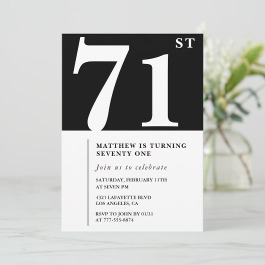 Elegante Black White 71e verjaardag uitnodiging (Staand voorkant)