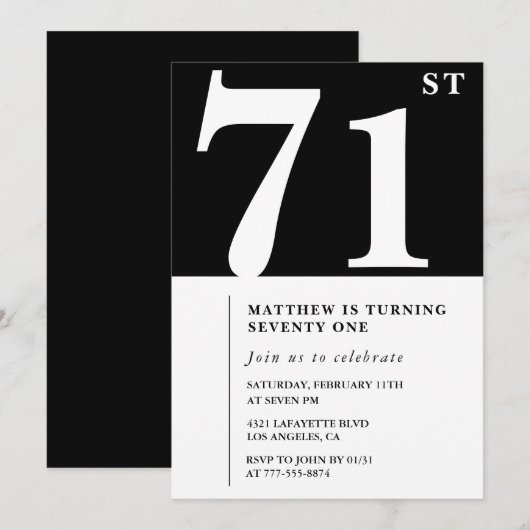 Elegante Black White 71e verjaardag uitnodiging (Voorkant / Achterkant)