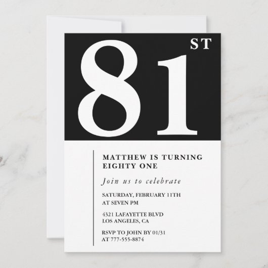 Elegante Black White 81e verjaardag uitnodiging (Voorkant)