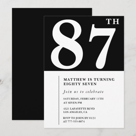 Elegante Black White 87e verjaardag uitnodiging (Voorkant / Achterkant)