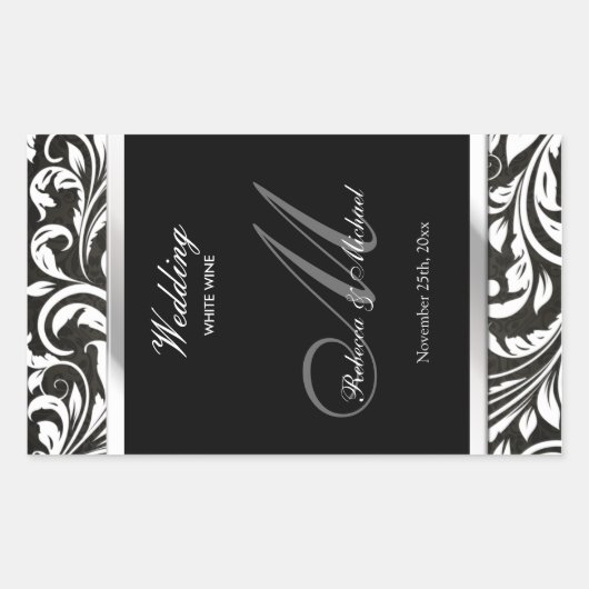 Elegante Black & White Damask Wijn Labels (Voorkant)