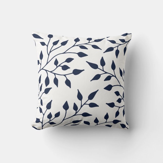 Elegante Blad Worp Kussen / Navy Wit (Voorkant)