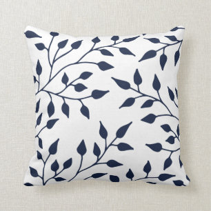 Elegante Blad Worp Kussen / Navy Wit