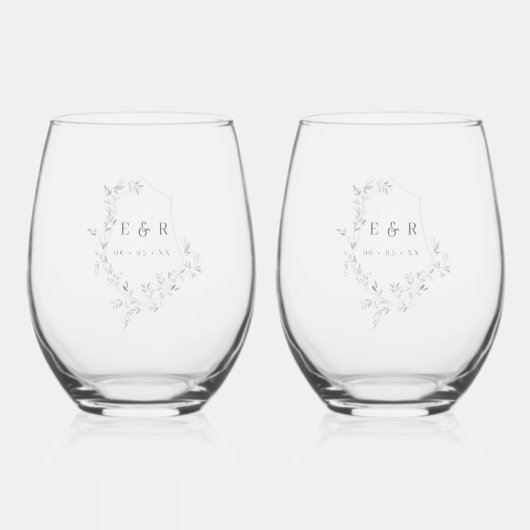 Elegante bladeren Crest bruiloft Monogram Wijnglas Zonder Voet (Voorkant)