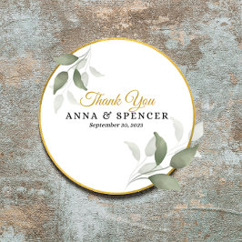Elegante bladeren en cirkel goud dank u bruiloft ronde sticker