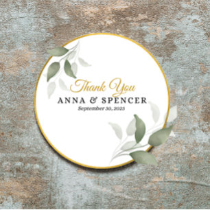 Elegante bladeren en cirkel goud dank u bruiloft ronde sticker