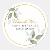 Elegante bladeren en cirkel goud dank u bruiloft ronde sticker (Voorkant)