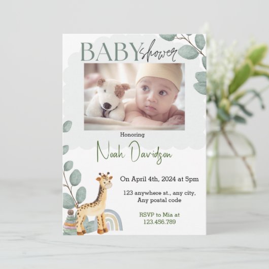 Elegante bladeren met baby giraf en speelgoed kaart (Staand voorkant)