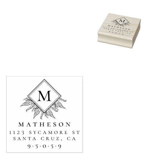 Elegante bladeren & monogram familie retour adres rubberstempel (Gestempeld)