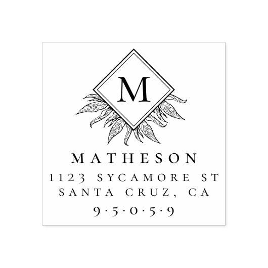 Elegante bladeren & monogram familie retour adres rubberstempel (Afrduk)