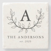 Elegante Bladeren Monogram Stenen Onderzetter (Voorkant)