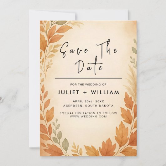 Elegante bladeren & pampas gras herfst herfst brui save the date (Voorkant)