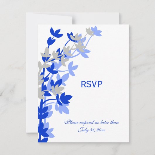 Elegante bladervaring in blauwe zilveren RSVP-kaar RSVP Kaartje (Voorkant)